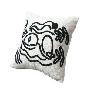 Coussin carré en coton le plus vendu avec broderie noire de dessin animé, design minimaliste, housse lavable - Product Image 1