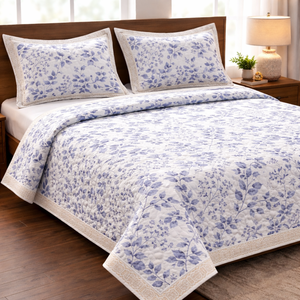 Blue Leaf Print Quilted Bedcover <b>Set</b> 3pcs Soft Microfiber <b>Comforter</b> AC Quilt <b>Set</b> | Luxury Breathable Bedding with Pillow Covers - Product Image 1