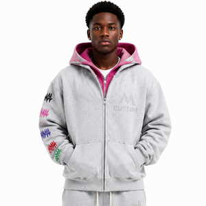 Customized Double Layer Hooded Zip Hoodie Rhinestone Unisex Distressed Embroidery Patched Fashion Men Hoodies Winter Wear 100% - Product Image 2