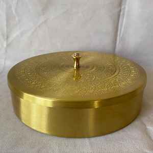 Traditional <b>Herb</b> & Spice Storage Organizer Kitchen Use Golden Metal Masala Dabba Spice <b>Box</b> with Mandala Lid Seven Containers - Product Image 3