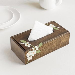 Handcrafted Wooden Tissue <b>Box</b> Cover <b>Floral</b> Inlay Decorative Napkin Holder Rustic Tissue Dispenser for Bathroom Living Room - Product Image 1