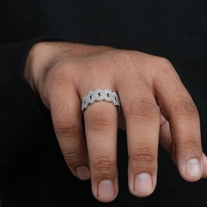 925 Sterling Silver Moissanite Diamond <b>Iced</b> Out <b>Ring</b> Geometric Link Band Hip Hop Men's Luxury Statement Fashion Jewelry - Product Image 3