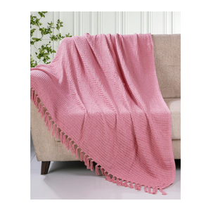 <b>Pink</b> Knitted Cotton <b>Throw</b> Blanket With Fringe Rectangular All Season Home Use Breathable Soft 100% Cotton Machine Washable - Product Image 1