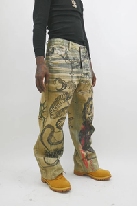 Vaqueros de mezclilla de corte recto para hombre con estampado pintado de dragón y guerrero, lavado a la arena, estilo urbano, cintura alta y cierre de botones - Product Image 5