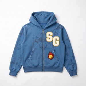 เสื้อฮู้ดซิปสีน้ำเงินสำหรับผู้ชาย ผ้าฝ้ายเฟรนช์เทอร์รี่ โลโก้ SG กระเป๋าปักเพชร สวมใส่สบายๆ สำหรับฤดูใบไม้ร่วง - Product Image 1