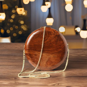 Bolso de mano de madera hecho a mano marrón redondo, monedero de noche de madera con cadena desmontable para fiestas, bodas y ocasiones especiales - Product Image 1
