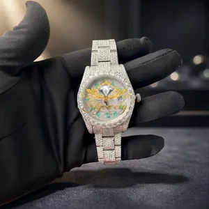 Montre à quartz analogique avec chiffres romains argentés, lunette en cristal de moissanite, bracelet en acier inoxydable, 41 mm, résistance à l'eau 3 ATM, luxe - Product Image 1