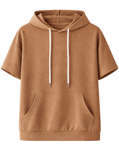 Sweat à capuche marron à manches courtes pour homme, pull décontracté, t-shirt à capuche léger, streetwear d'été, en mélange de coton, avec poches - Product Image 1