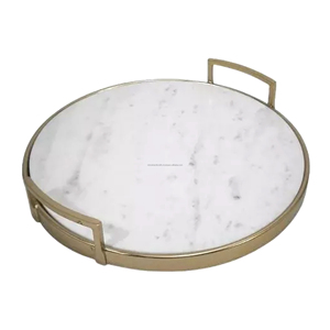 ถาดเสิร์ฟทรงกลมตกแต่งหินอ่อนหินธรรมชาติพร้อมด้ามจับสีทอง - Product Image 2