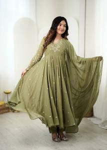 Women <b>Green</b> Floor-Length Embroidered Traditional Dress Loose Fit Party Wear Indian Pakistani Style - Product Image 3