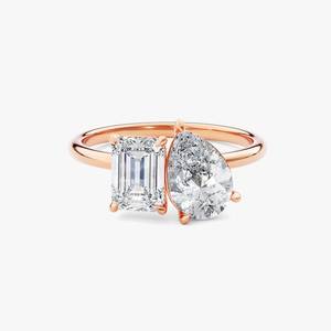 Toi Et Moi <b>Two</b> <b>Stone</b> Moissanite Engagement Wedding Party <b>Ring</b> 925 Sterling Silver Gold Plated Claw Setting Luxury Dainty - Product Image 3