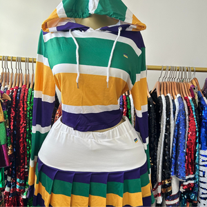 Ensemble haut court à capuche rayé et jupe plissée pour femme, tenue décontractée sportive printemps-été, manches longues, design color block - Product Image 1