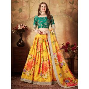 Organza nuptiale Lehenga Choli imprimé numérique floral jaune-vert - Product Image 2