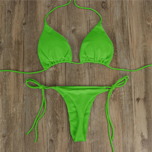 Ensemble bikini sexy pour femme, haut triangle à nouer, bas string, deux pièces, couleur unie, extensible, séchage rapide, plissé, maillot de bain pour vacances à la plage - Product Image 6