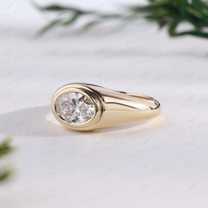 Oval Cut Ring East West Bezel Setting Yellow Gold Wide Band Signet Ring Chunky Unisex Fine Jewelry Band - Product Image 2