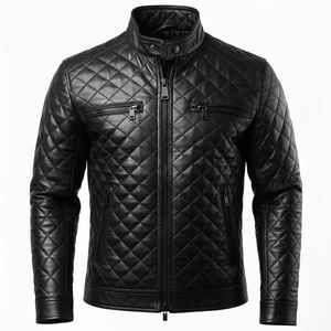 Chaqueta de piel de oveja auténtica negra a la moda para hombre, cuello con solapa dentada, diseño asimétrico con múltiples cremalleras y acolchado de diamantes - Product Image 1