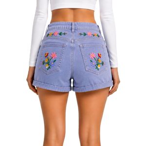 Shorts de Mezclilla de Cintura Alta para Mujer, Color Lavanda, con Bordado Floral Colorido, Shorts Casuales de Verano, Fabricante OEM ODM Personalizado - Product Image 2