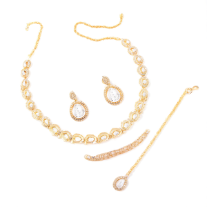 Ensemble de bijoux fantaisie - Collier, boucles d'oreilles et Maang Tikka en cristal ovale plaqué or pour femmes (IJ405M) - Product Image 2