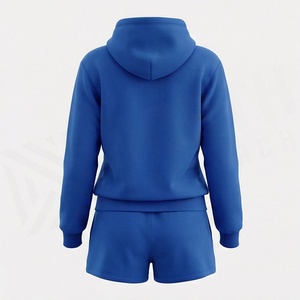 <b>Women's</b> Blue Fleece Hooded Sweatshirt and Shorts <b>Set</b> Casual Loose Fit Solid Color Two Piece Outfit Above Knee Length - Product Image 2