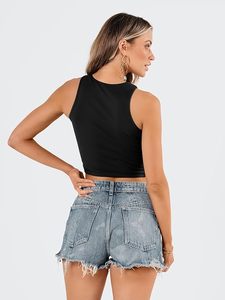 Débardeur court tricoté sans manches pour femme, couleur unie, col rond, décontracté, printemps-été, coupe élastique, longueur normale - Product Image 2