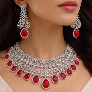 Parure de collier et boucles d'oreilles de mariée en laiton avec diamants américains, bijoux élégants en diamants américains, cadeau de mariage - Product Image 6