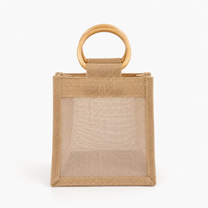 Premium Natural Jute Tote <b>Bag</b> with Wooden Round Handles Transparent Panel Reusable Eco Friendly Shopping Gift ToteEveryday <b>Beach</b> - Product Image 1