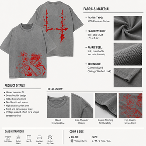 เสื้อยืดผู้ชายทรงปกติ ผ้าคอตตอนถัก 100% ล้างสีแบบแอซิด  รักษ์โลก ลายกราฟิกอนิเมะชูโซะ จูจุตสึ ไคเซ็น สีเทา หนานุ่ม ใส่ได้ในโอกาสทางการ - Product Image 5