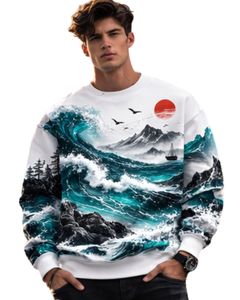 Sudadera Personalizada con Estampado de Olas del Océano en Color Blanco y Verde Azulado, Sudadera Informal con Cuello Redondo para Hombre, Sublimación Personalizada, Ropa Urbana, Top de Otoño e Invierno - Product Image 1