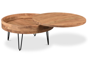 Mesa de centro con almacenamiento, diseño moderno, esencial para la sala de estar, madera maciza de acacia, tapa redonda, patas cónicas tipo horquilla. - Product Image 4