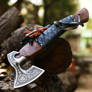 Custom Hand Forged Viking <b>Bearded</b> Axe High Carbon Steel Valknut Etched Hatchet Leather Wrap Handle Battle Axe Sheath - Product Image 1