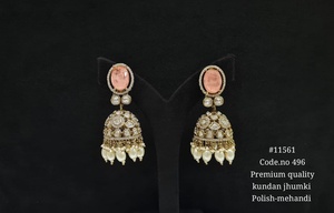 Pendientes Kundan Jhumki 11561, Pendientes Chapados en Mehandi, Pendientes Étnicos de Latón con Doble Piedra Roja, Pendientes Kundan para Bodas y Fiestas para Mujer - Product Image 2