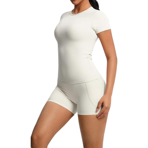 Ensemble de yoga à col rond, manches courtes, taille haute, couleur unie, avec poches, respirant, en spandex et polyester, sans couture, 2 pièces - Product Image 6