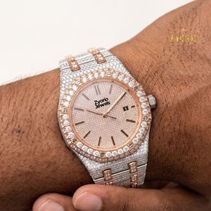 Montre de luxe en moissanite taille brillant VS1, cadran rose fait main, or rose, acier inoxydable, étanche 10 bars, mouvement quartz ETA, style hip-hop - Product Image 4