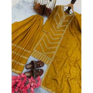 Ensemble haut, pantalon palazzo et dupatta pour femme, avec broderie et travail de sequins - Product Image 2