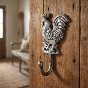 Crochet mural multifonctionnel en fonte rustique motif coq, décoration murale en métal antique à motif animal, crochet simple pour usage domestique - Product Image 3