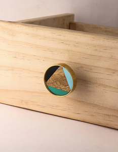 Modern Round Wood Cabinet Knob with Brass and Teal Accents Scandinavian Style for Kitchen and Home <b>Office</b> <b>Drawer</b> Door Handle - Product Image 4