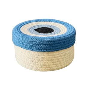 Cesta de Yute y Algodón a Rayas, Tejida a Mano, con Tapa, Redonda, Multiusos, para Sala de Estar, Oficina, Cocina - Product Image 6