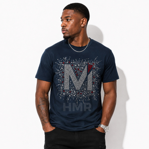 T-shirt HMR Brotherhood Sisterhood avec strass, bleu marine, motif lettre M, manches courtes, col rond, vêtement décontracté pour hommes et femmes - Product Image 4
