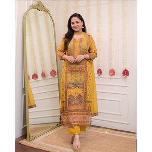 Ensemble Salwar Suit Dupatta en satin de soie pour femmes indiennes et pakistanaises, de haute qualité, FABZONE, magnifique travail de pierres jaunes, spécial - Product Image 1