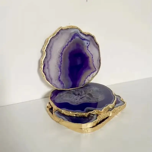 Wholesale Luxurious Modern Home Table Decor Elegant Feng Shui Style Natural Purple Agate <b>Coasters</b> <b>Gold</b> Trim Crystal Handmade - Product Image 2