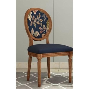Luxury Handcrafted Solid Wood Dining Chair Oval Leaf Print Backrest Navy Blue Upholstered <b>Seat</b> - Product Image 1