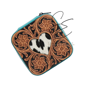 <b>Mini</b> Jewelry <b>Storage</b> <b>Box</b> with Turquoise Hair On Hide Heart Tooled Leather Portable Zipper <b>Box</b> Jewelry Organizer Case with Mirror - Product Image 1