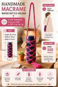 กระเป๋าใส่ขวดน้ำสีชมพูแบบมาคราเม่ ทำด้วยมือ สายคล้องเชือกสำหรับโยคะ ท่องเที่ยว ของขวัญ - Product Image 3