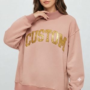 Women's Oversized Mockneck Sweatshirt Pink Gold Foil Custom Print Long Sleeve Knitted Cotton Blend Autumn Fashion Top - Product Image 1