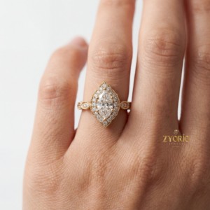 Marquise Cut Halo <b>Ring</b> 925 Sterling Silver Vintage Engagement <b>Ring</b> Milgrain Diamond <b>Ring</b> <b>Dainty</b> Bridal Gift for Her - Product Image 1