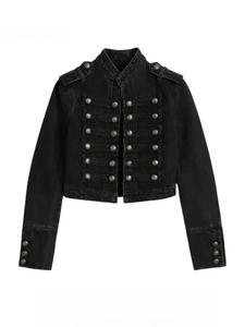 Y2K Retro Hussars Jacket Turn-down Collar <b>Double</b> <b>Breasted</b> Horn Button Regular-Length Denim Jacket <b>Men</b> Boxy <b>Coat</b> Front - Product Image 1