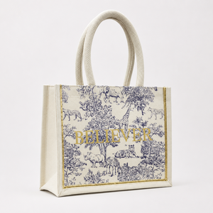 Custom Floral Laminated Cotton Canvas Beach Tote <b>Bags</b> 27.5x21.5x14.5cm Screen Printed Custom Logo Wholesale OEM ODM Manufacturer - Product Image 4