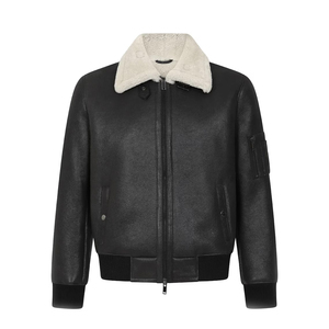 Custom High Quality Coated Waterproof Men's Genuine Leather <b>Bomber</b> <b>Jacket</b> Removable <b>Shearling</b> Collar Embroidery Winter Zipper - Product Image 1