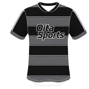 Maillot de rugby personnalisé noir et gris à manches courtes, col rond, rayé, pour l'entraînement et les matchs, vêtements de sport d'équipe - Product Image 1