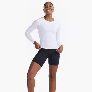 Haut de yoga à manches longues pour femme, col rond, blanc uni, avec insert en maille respirante, compression, coupe régulière, vêtement de sport - Product Image 2